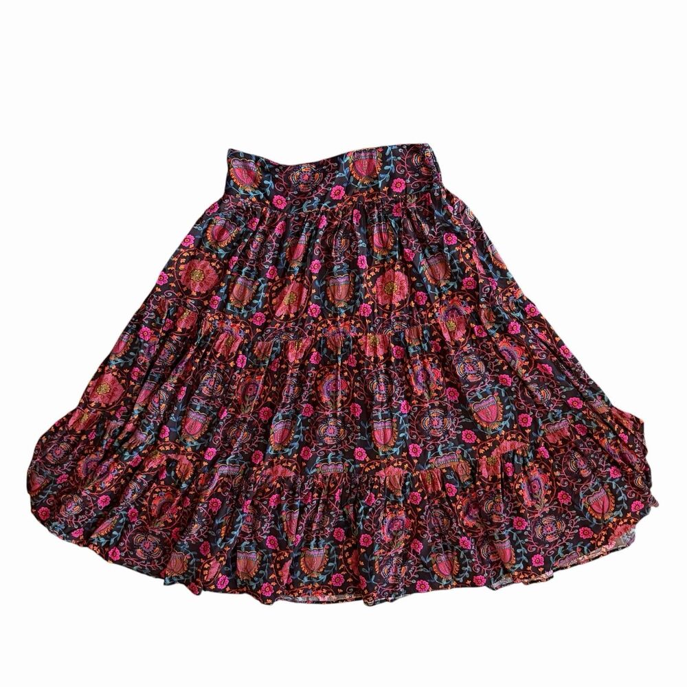 Natural Life Gypsy Tiered Maxi Skirt XL Folk Dark Floral Boho Festival Smocked - Picture 5 of 6